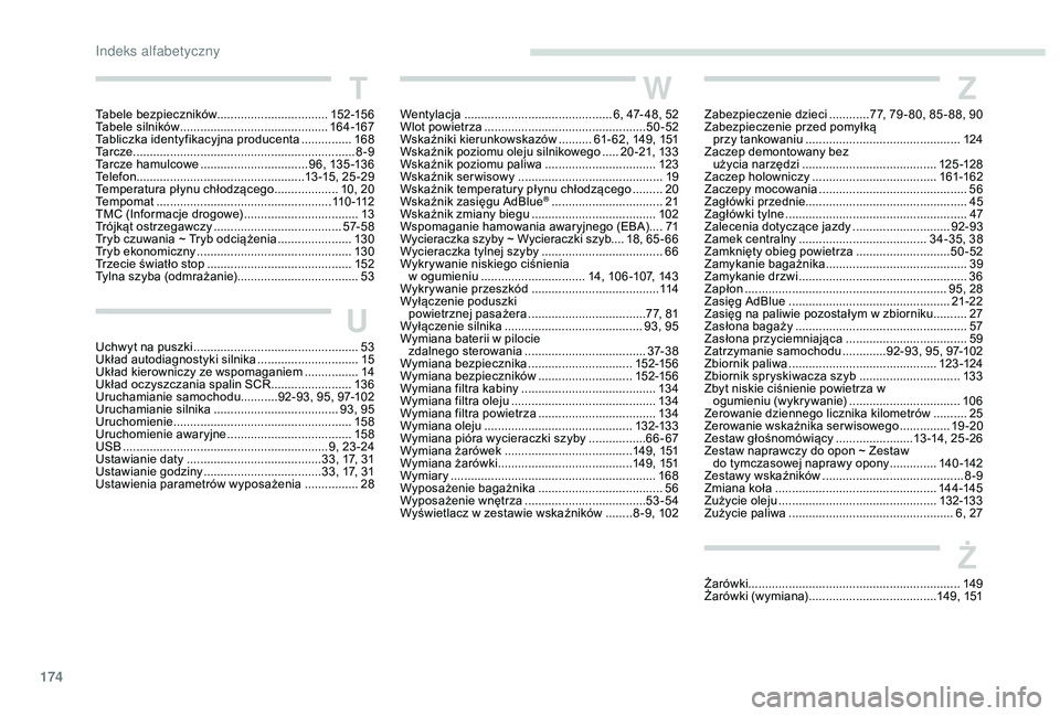 PEUGEOT 2008 2018 Instrukcja obsługi (in Polish) 174
W
Wentylacja ............................................ 6, 47- 48, 52
Wlot powietrza ................................................ 5
0-52
Wskaźniki kierunkowskazów
.......... 6
1- 62, 14 PEUGEOT 2008 2018 Instrukcja obsługi (in Polish) 174
W
Wentylacja ............................................ 6, 47- 48, 52
Wlot powietrza ................................................ 5
0-52
Wskaźniki kierunkowskazów
.......... 6
1- 62, 14