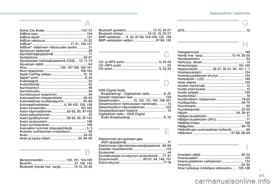PEUGEOT 2008 2018 Omistajan Käsikirja (in Finnish) 171
A
Active City Brake ......................................... 112 -113
AdBlue-taso ....................................................... 13 4
AdBlue-täyttö
................................ PEUGEOT 2008 2018 Omistajan Käsikirja (in Finnish) 171
A
Active City Brake ......................................... 112 -113
AdBlue-taso ....................................................... 13 4
AdBlue-täyttö
................................