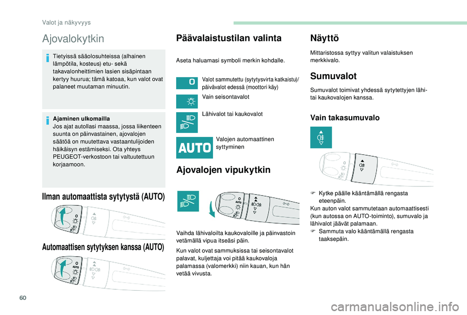 PEUGEOT 2008 2018 Omistajan Käsikirja (in Finnish) 60
Ajovalokytkin
Tietyissä sääolosuhteissa (alhainen
lämpötila, kosteus) etu- sekä
takavalonheittimien lasien sisäpintaan
kertyy huurua; tämä katoaa, kun valot ovat
palaneet muutaman minu PEUGEOT 2008 2018 Omistajan Käsikirja (in Finnish) 60
Ajovalokytkin
Tietyissä sääolosuhteissa (alhainen
lämpötila, kosteus) etu- sekä
takavalonheittimien lasien sisäpintaan
kertyy huurua; tämä katoaa, kun valot ovat
palaneet muutaman minu