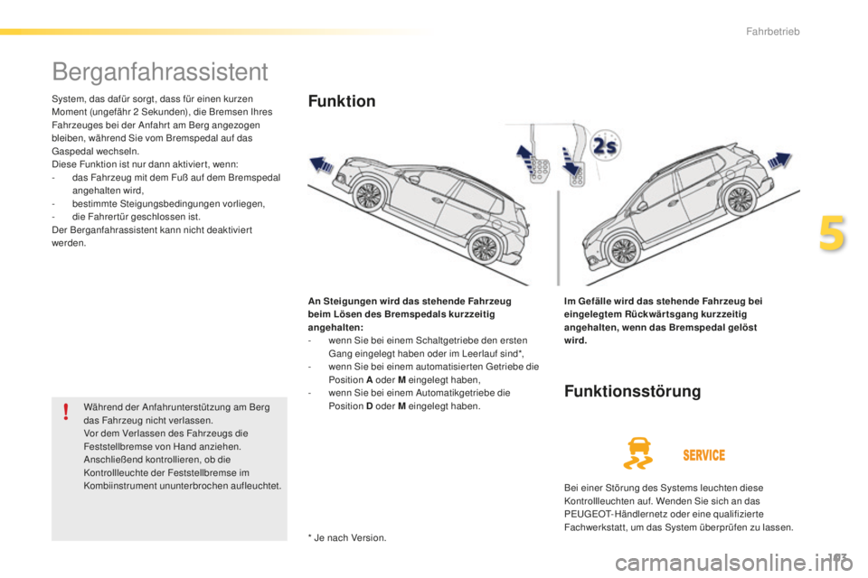 PEUGEOT 2008 2016 Betriebsanleitungen (in German) 103
2008_de_Chap05_conduite_ed01-2016
Berganfahrassistent
System, das dafür sorgt, dass für einen kurzen
Moment (ungefähr 2 Sekunden), die Bremsen Ihres
Fahrzeuges bei der Anfahr t am Berg angezo PEUGEOT 2008 2016 Betriebsanleitungen (in German) 103
2008_de_Chap05_conduite_ed01-2016
Berganfahrassistent
System, das dafür sorgt, dass für einen kurzen
Moment (ungefähr 2 Sekunden), die Bremsen Ihres
Fahrzeuges bei der Anfahr t am Berg angezo