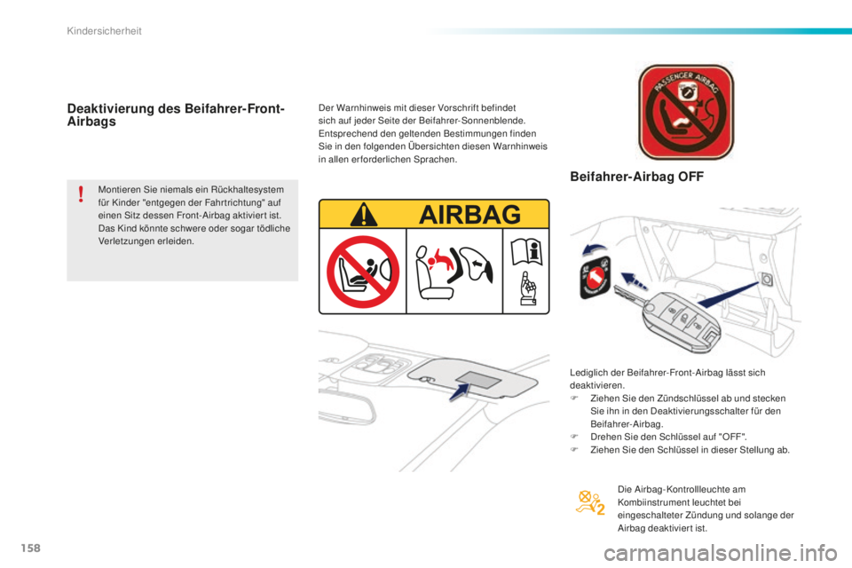 PEUGEOT 2008 2016  Betriebsanleitungen (in German) 158
2008_de_Chap08_securite-enfants_ed01-2016
Deaktivierung des Beifahrer-Front-
Airbags
Montieren Sie niemals ein Rückhaltesystem 
für Kinder "entgegen der Fahr trichtung" auf 
einen Sitz d