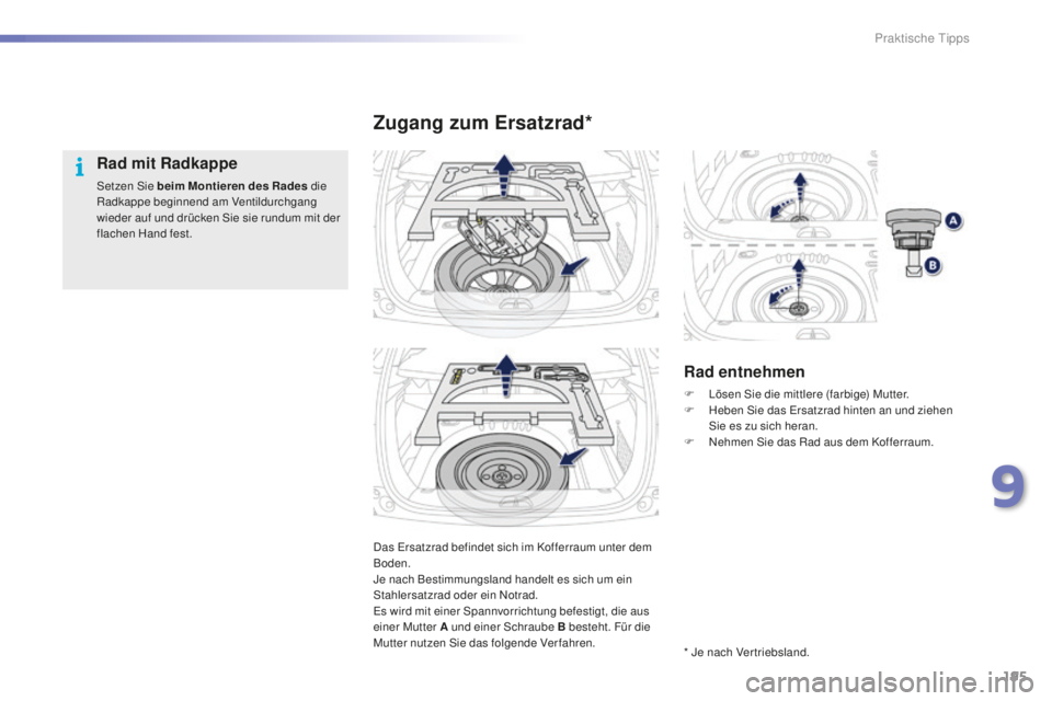 PEUGEOT 2008 2016  Betriebsanleitungen (in German) 195
2008_de_Chap09_info-pratiques_ed01-2016
Das Ersatzrad befindet sich im Kofferraum unter dem 
Boden.
Je nach Bestimmungsland handelt es sich um ein 
Stahlersatzrad oder ein Notrad.
Es wird mit eine