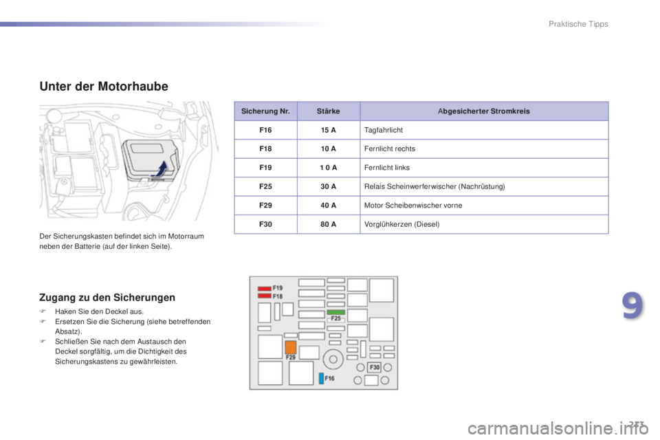 PEUGEOT 2008 2016  Betriebsanleitungen (in German) 213
2008_de_Chap09_info-pratiques_ed01-2016
Sicherung Nr.Stärke Abgesicherter  Stromkreis
F16 15
 

ATagfahrlicht
F18 10
 

AFernlicht rechts
F19 1
  0   AFernlicht links
F25 30
  ARelais Scheinwerfe