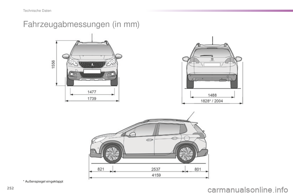 PEUGEOT 2008 2016  Betriebsanleitungen (in German) 252
2008_de_Chap11_caracteristiques-techniques_ed01-2016
Fahrzeugabmessungen (in mm)
* Außenspiegel eingeklappt 
Technische Daten  