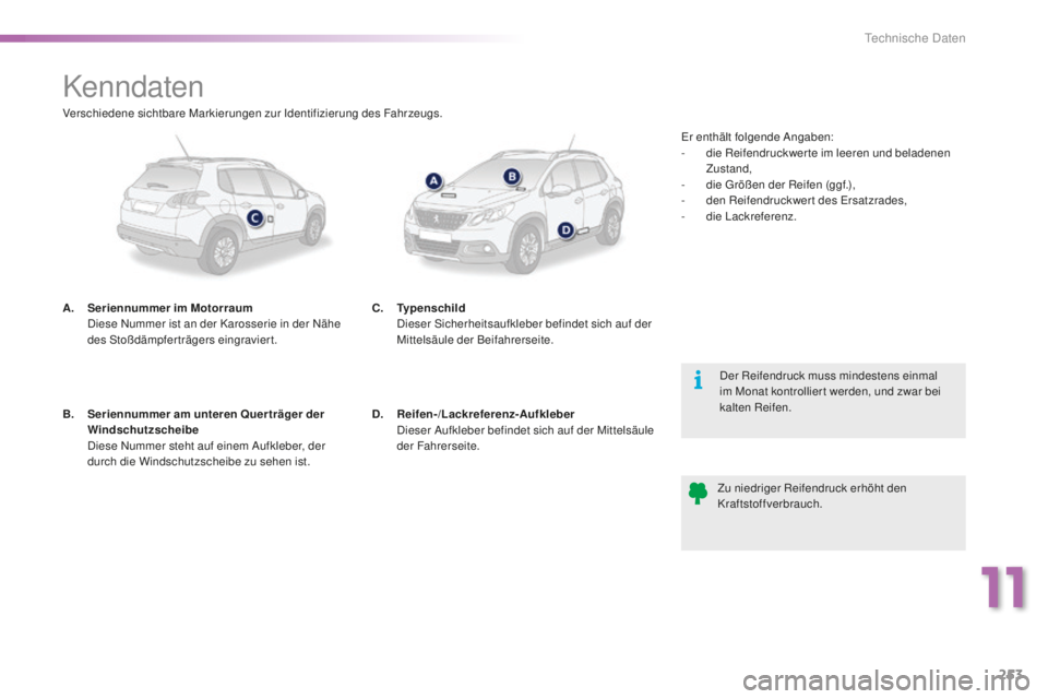 PEUGEOT 2008 2016  Betriebsanleitungen (in German) 253
2008_de_Chap11_caracteristiques-techniques_ed01-2016
Kenndaten
A. Seriennummer im Motorraum  D
iese Nummer ist an der Karosserie in der Nähe 
des Stoßdämpferträgers eingraviert.
Der Reifendruc
