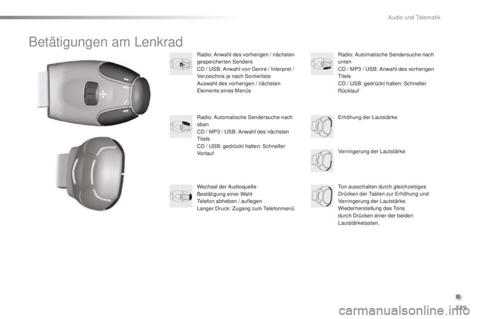 PEUGEOT 2008 2016  Betriebsanleitungen (in German) 329
2008 _de_Chap12c _ RDE2_ed01-2016
Betätigungen am Lenkrad
Radio: Anwahl des vorherigen / nächsten 
gespeicherten Senders
CD / USB: Anwahl von Genre / Interpret / 
Verzeichnis je nach Sortierlist