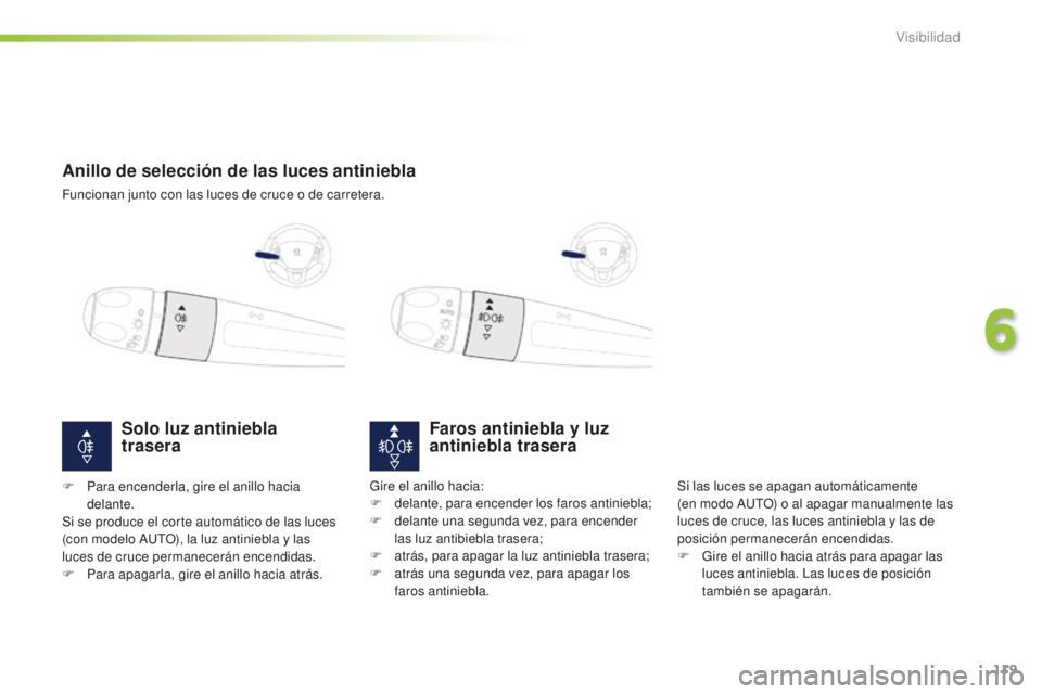 PEUGEOT 2008 2016  Manual del propietario (in Spanish) 119
2008_es_Chap06_visibilite_ed01-2016
Anillo de selección de las luces antiniebla
Funcionan junto con las luces de cruce o de carretera.
Faros antiniebla y luz 
antiniebla trasera
Si las luces se a