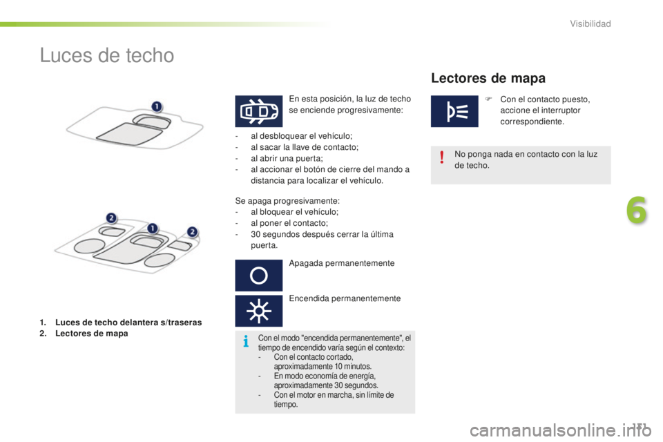 PEUGEOT 2008 2016  Manual del propietario (in Spanish) 131
2008_es_Chap06_visibilite_ed01-2016
Luces de techo
En esta posición, la luz de techo 
se enciende progresivamente:
-
 
a

l desbloquear el vehículo;
-
 
a

l sacar la llave de contacto;
-
 
a

l