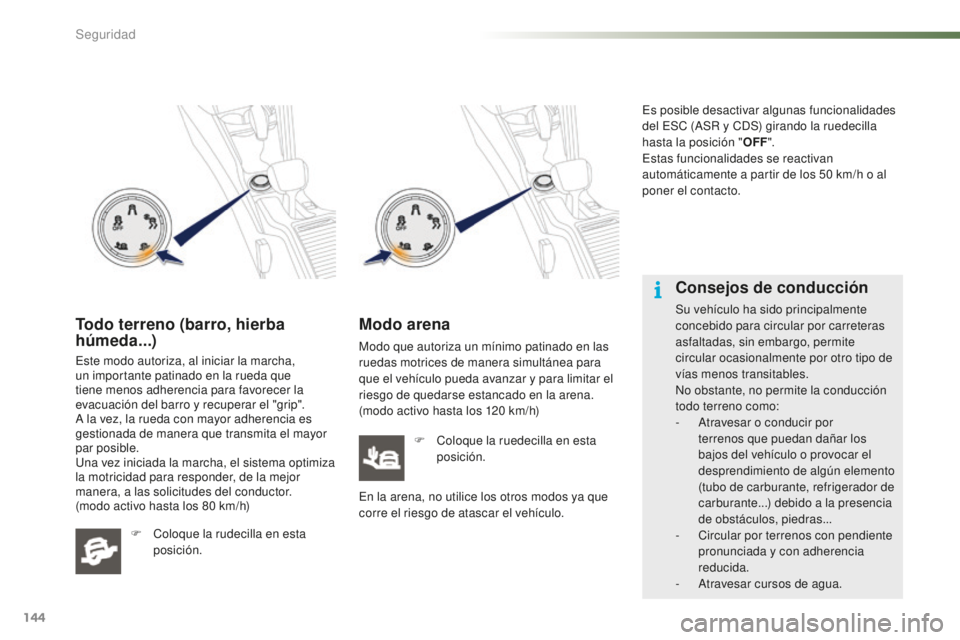 PEUGEOT 2008 2016 Manual del propietario (in Spanish) 144
2008_es_Chap07_securite_ed01-2016
Todo terreno (barro, hierba
húmeda...)
Este modo autoriza, al iniciar la marcha,
un importante patinado en la rueda que
tiene menos adherencia para favorecer PEUGEOT 2008 2016 Manual del propietario (in Spanish) 144
2008_es_Chap07_securite_ed01-2016
Todo terreno (barro, hierba
húmeda...)
Este modo autoriza, al iniciar la marcha,
un importante patinado en la rueda que
tiene menos adherencia para favorecer