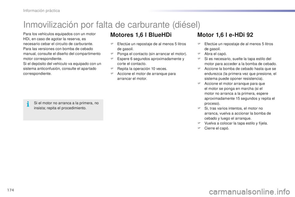 PEUGEOT 2008 2016 Manual del propietario (in Spanish) 174
2008_es_Chap09_info-pratiques_ed01-2016
Para los vehículos equipados con un motor
HDi, en caso de agotar la reserva, es
necesario cebar el circuito de carburante.
Para las versiones con bomba d PEUGEOT 2008 2016 Manual del propietario (in Spanish) 174
2008_es_Chap09_info-pratiques_ed01-2016
Para los vehículos equipados con un motor
HDi, en caso de agotar la reserva, es
necesario cebar el circuito de carburante.
Para las versiones con bomba d