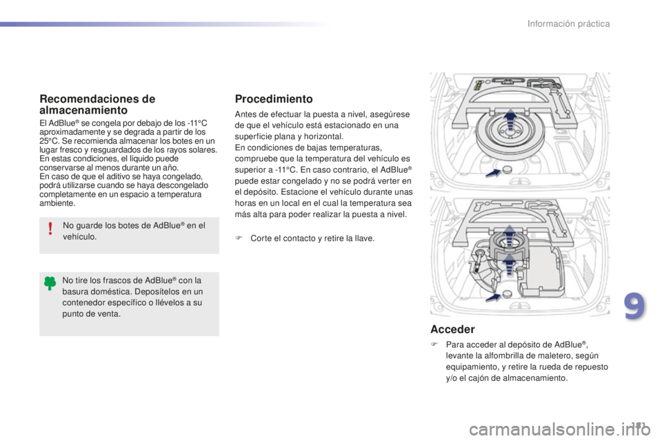 PEUGEOT 2008 2016 Manual del propietario (in Spanish) 181
2008_es_Chap09_info-pratiques_ed01-2016
No guarde los botes de AdBlue® en el
vehículo.
Recomendaciones de
almacenamiento
El AdBlue® se congela por debajo de los -11°C
aproximadamente y se d PEUGEOT 2008 2016 Manual del propietario (in Spanish) 181
2008_es_Chap09_info-pratiques_ed01-2016
No guarde los botes de AdBlue® en el
vehículo.
Recomendaciones de
almacenamiento
El AdBlue® se congela por debajo de los -11°C
aproximadamente y se d