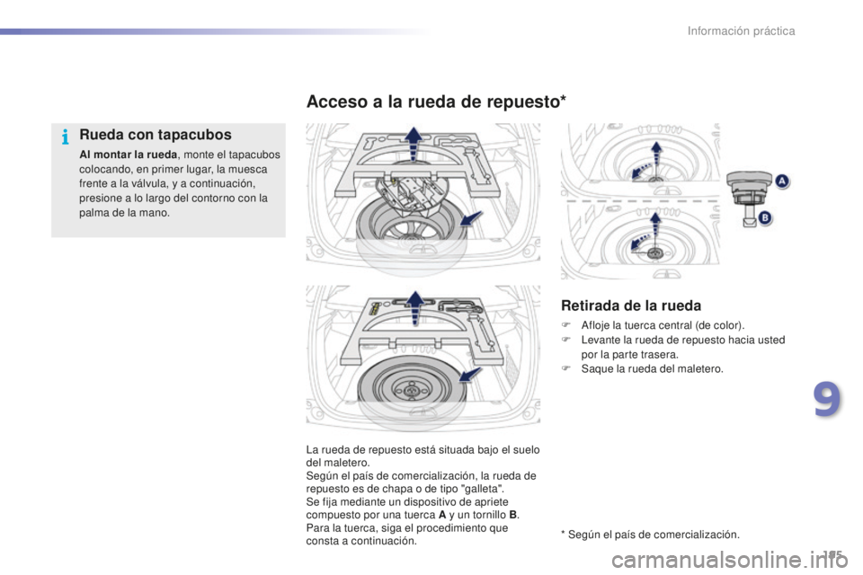 PEUGEOT 2008 2016  Manual del propietario (in Spanish) 195
2008_es_Chap09_info-pratiques_ed01-2016
La rueda de repuesto está situada bajo el suelo 
del maletero.
Según el país de comercialización, la rueda de 
repuesto es de chapa o de tipo "galle