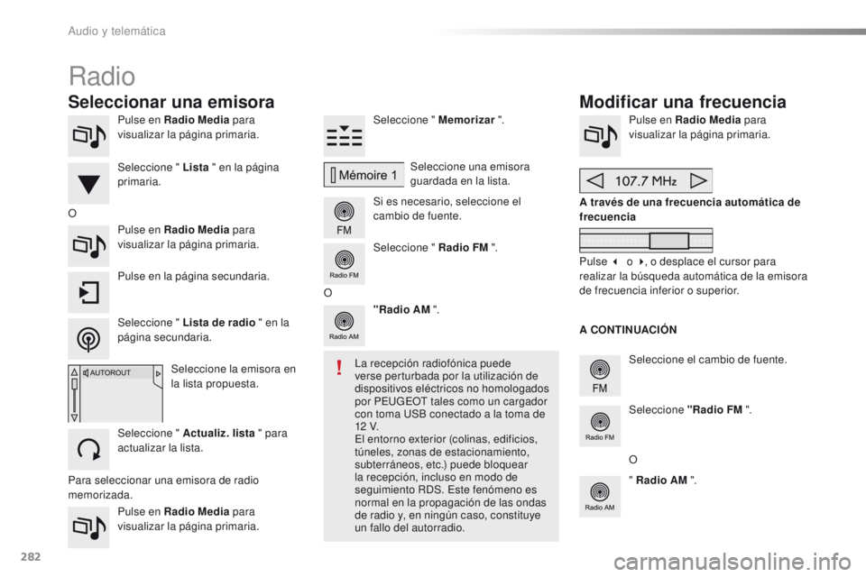 PEUGEOT 2008 2016 Manual del propietario (in Spanish) 282
2008_es_Chap12b_SMEGplus_ed01-2016
Pulse en Radio Media para
visualizar la página primaria.
Pulse en Radio Media para
visualizar la página primaria. Seleccione " Memorizar
".
Si es n PEUGEOT 2008 2016 Manual del propietario (in Spanish) 282
2008_es_Chap12b_SMEGplus_ed01-2016
Pulse en Radio Media para
visualizar la página primaria.
Pulse en Radio Media para
visualizar la página primaria. Seleccione " Memorizar
".
Si es n