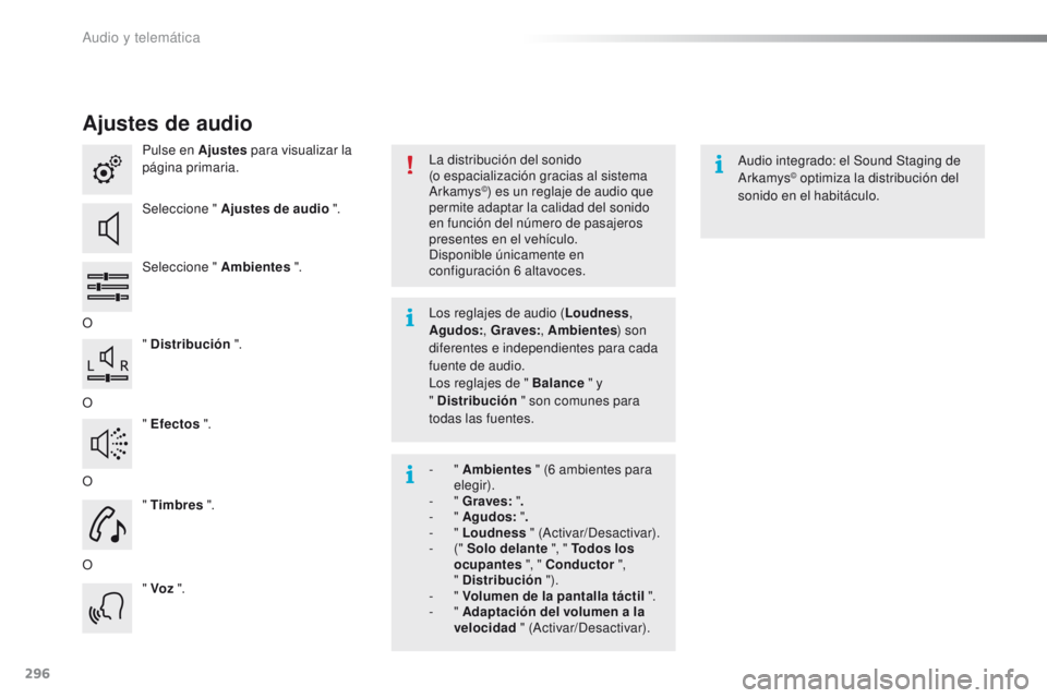 PEUGEOT 2008 2016 Manual del propietario (in Spanish) 296
2008_es_Chap12b_SMEGplus_ed01-2016
Ajustes de audio
Pulse en Ajustes para visualizar la
página primaria.
Seleccione " Ajustes de audio ".
Seleccione " Ambientes ".
O " Distr PEUGEOT 2008 2016 Manual del propietario (in Spanish) 296
2008_es_Chap12b_SMEGplus_ed01-2016
Ajustes de audio
Pulse en Ajustes para visualizar la
página primaria.
Seleccione " Ajustes de audio ".
Seleccione " Ambientes ".
O " Distr