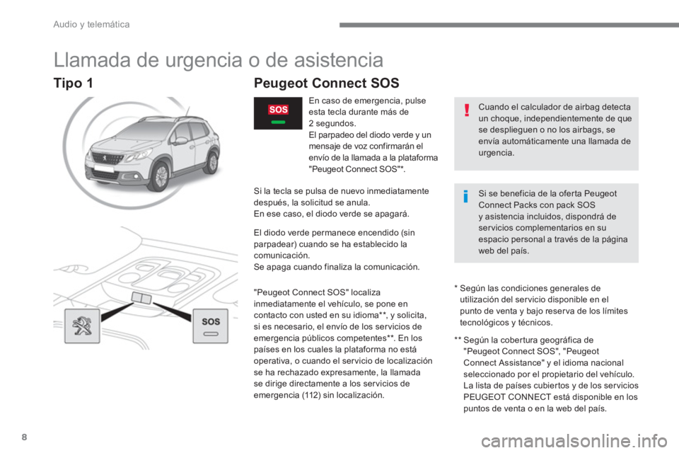 PEUGEOT 2008 2016 Manual del propietario (in Spanish) Audio y telemática
8
Llamada de urgencia o de asistencia
Peugeot Connect SOS
En caso de emergencia, pulse
esta tecla durante más de
2 PEUGEOT 2008 2016 Manual del propietario (in Spanish) Audio y telemática
8
Llamada de urgencia o de asistencia
Peugeot Connect SOS
En caso de emergencia, pulse
esta tecla durante más de
2