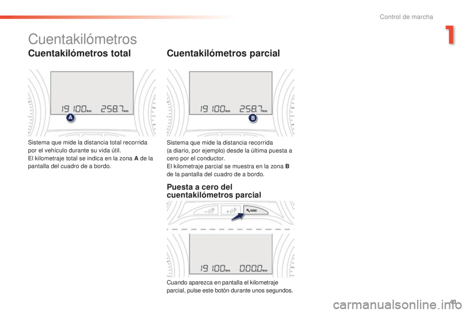PEUGEOT 2008 2016  Manual del propietario (in Spanish) 41
2008_es_Chap01_controle-de-marche_ed01-2016
Sistema que mide la distancia recorrida  
(a diario, por ejemplo) desde la última puesta a 
cero por el conductor.
El kilometraje parcial se muestra en 
