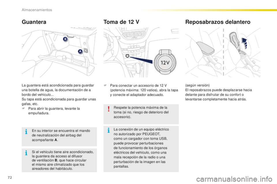 PEUGEOT 2008 2016 Manual del propietario (in Spanish) 72
2008_es_Chap04_amenagements_ed01-2016
Toma de 12 V
F Para conectar un accesorio de 12 V
(potencia máxima: 120 vatios), abra la tapa
y conecte el adaptador adecuado.
Guantera
La guantera está PEUGEOT 2008 2016 Manual del propietario (in Spanish) 72
2008_es_Chap04_amenagements_ed01-2016
Toma de 12 V
F Para conectar un accesorio de 12 V
(potencia máxima: 120 vatios), abra la tapa
y conecte el adaptador adecuado.
Guantera
La guantera está
