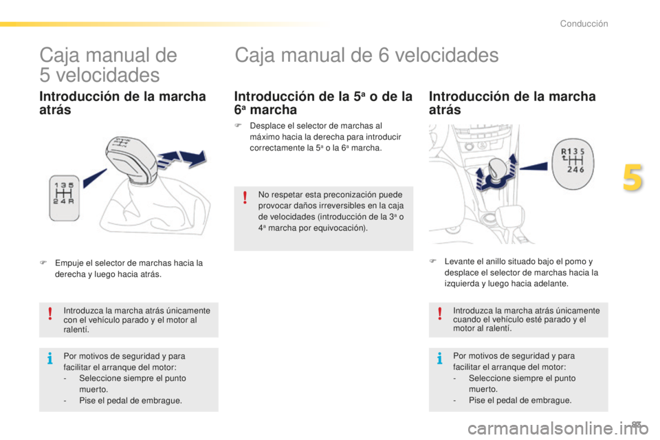 PEUGEOT 2008 2016 Manual del propietario (in Spanish) 83
2008_es_Chap05_conduite_ed01-2016
Caja manual de 6 velocidades
Introducción de la marcha
atrás
Introduzca la marcha atrás únicamente
con el vehículo parado y el motor al
ralentí.
Por motiv PEUGEOT 2008 2016 Manual del propietario (in Spanish) 83
2008_es_Chap05_conduite_ed01-2016
Caja manual de 6 velocidades
Introducción de la marcha
atrás
Introduzca la marcha atrás únicamente
con el vehículo parado y el motor al
ralentí.
Por motiv