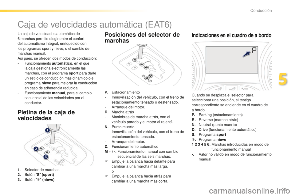 PEUGEOT 2008 2016 Manual del propietario (in Spanish) 95
2008_es_Chap05_conduite_ed01-2016
Caja de velocidades automática (EAT6)
La caja de velocidades automática de
6 marchas permite elegir entre el confort
del automatismo integral, enriquecido con PEUGEOT 2008 2016 Manual del propietario (in Spanish) 95
2008_es_Chap05_conduite_ed01-2016
Caja de velocidades automática (EAT6)
La caja de velocidades automática de
6 marchas permite elegir entre el confort
del automatismo integral, enriquecido con