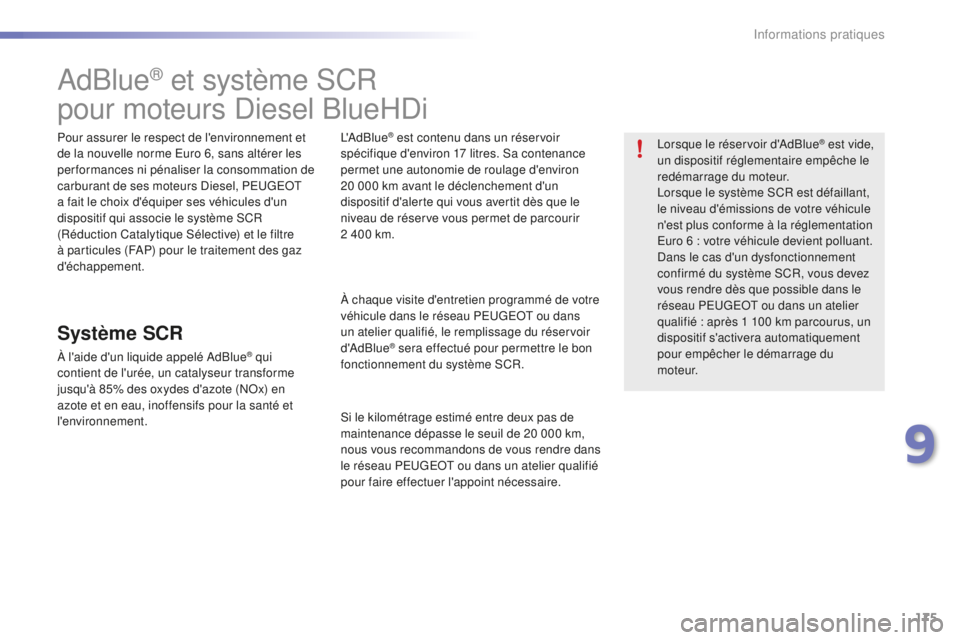PEUGEOT 2008 2016 Manuel du propriétaire (in French) 175
AdBlue® et système SCR
pour moteurs Diesel BlueHDi
Pour assurer le respect de l'environnement et
de la nouvelle norme Euro 6, sans altérer les
performances ni pénaliser la consommation d PEUGEOT 2008 2016 Manuel du propriétaire (in French) 175
AdBlue® et système SCR
pour moteurs Diesel BlueHDi
Pour assurer le respect de l'environnement et
de la nouvelle norme Euro 6, sans altérer les
performances ni pénaliser la consommation d