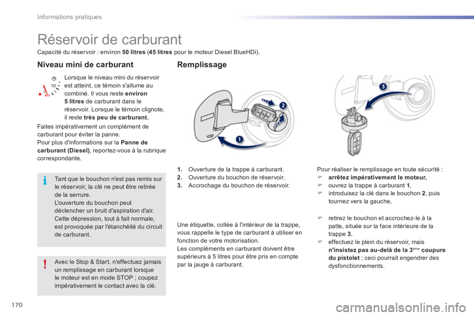 PEUGEOT 2008 2016 Manuel du propriétaire (in French) 170
Informations pratiques
Niveau mini de carburant
Lorsque le niveau mini du réser voir
est atteint, ce témoin sallume au
combiné. Il vous reste environ
5 litres
de carburant dans le PEUGEOT 2008 2016 Manuel du propriétaire (in French) 170
Informations pratiques
Niveau mini de carburant
Lorsque le niveau mini du réser voir
est atteint, ce témoin sallume au
combiné. Il vous reste environ
5 litres
de carburant dans le