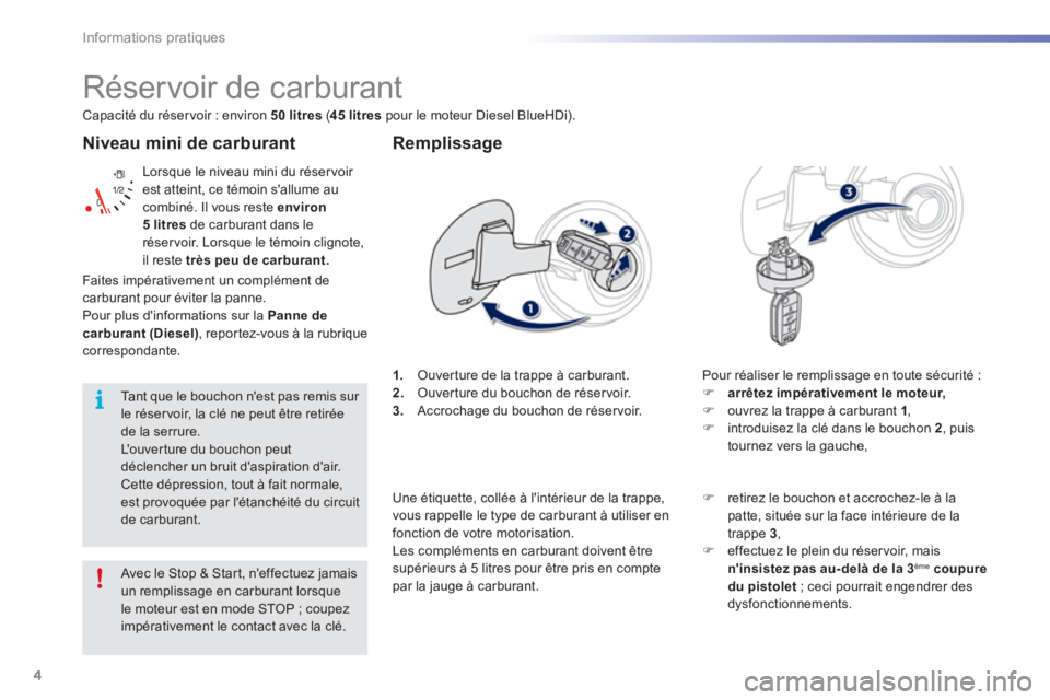 PEUGEOT 2008 2016 Manuel du propriétaire (in French) 4
Informations pratiques
Niveau mini de carburant
Lorsque le niveau mini du réser voir
est atteint, ce témoin sallume au
combiné. Il vous reste environ
5 litres
de carburant dans le
PEUGEOT 2008 2016 Manuel du propriétaire (in French) 4
Informations pratiques
Niveau mini de carburant
Lorsque le niveau mini du réser voir
est atteint, ce témoin sallume au
combiné. Il vous reste environ
5 litres
de carburant dans le