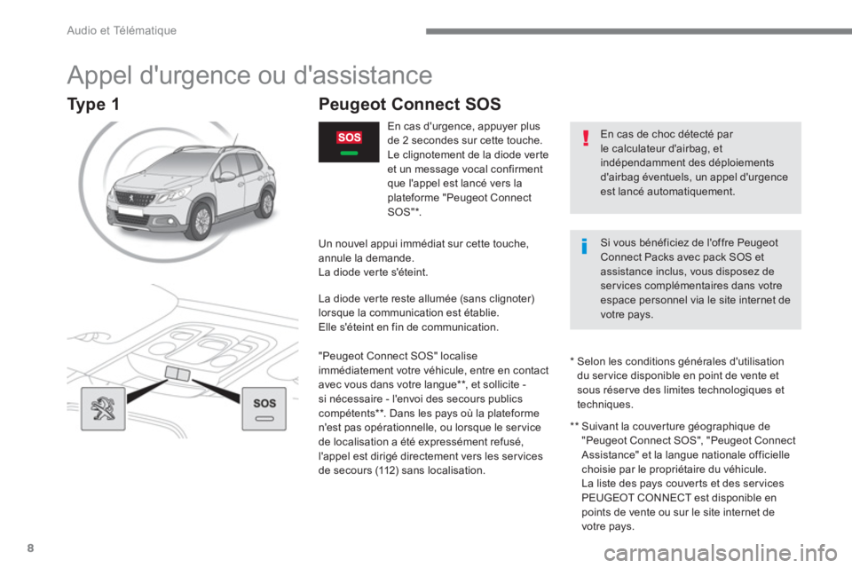 PEUGEOT 2008 2016 Manuel du propriétaire (in French) Audio et Télématique
8
Appel durgence ou dassistance
Peugeot Connect SOS
En cas durgence, appuyer plus
de 2 secondes sur cette touch PEUGEOT 2008 2016 Manuel du propriétaire (in French) Audio et Télématique
8
Appel durgence ou dassistance
Peugeot Connect SOS
En cas durgence, appuyer plus
de 2 secondes sur cette touch
