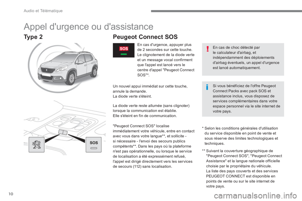 PEUGEOT 2008 2016 Manuel du propriétaire (in French) Audio et Télématique
10
Appel durgence ou dassistance
En cas de choc détecté par
le calculateur dairbag, et
indépendamment des déploiements
dairbag éventuels, un ap PEUGEOT 2008 2016 Manuel du propriétaire (in French) Audio et Télématique
10
Appel durgence ou dassistance
En cas de choc détecté par
le calculateur dairbag, et
indépendamment des déploiements
dairbag éventuels, un ap