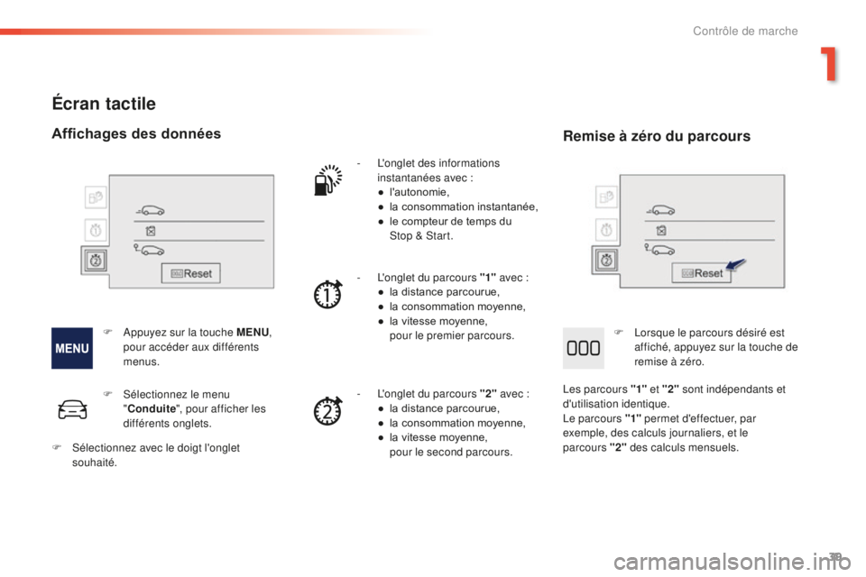 PEUGEOT 2008 2016  Manuel du propriétaire (in French) 39
Écran tactile
- L'onglet des informations instantanées avec :
●
 l

'autonomie,
●
 
l
 a consommation instantanée,
●
 
l
 e compteur de temps du 
Stop
 

& Start.
-
 
L
 'ongle