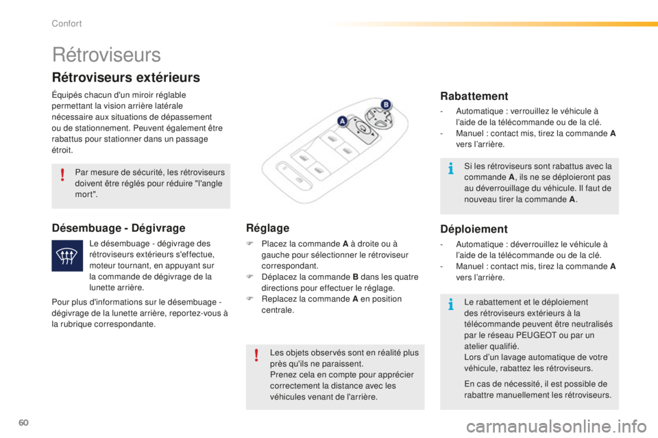 PEUGEOT 2008 2016  Manuel du propriétaire (in French) 60
Rétroviseurs
Équipés chacun d'un miroir réglable 
permettant la vision arrière latérale 
nécessaire aux situations de dépassement 
ou de stationnement. Peuvent également être 
rabattu