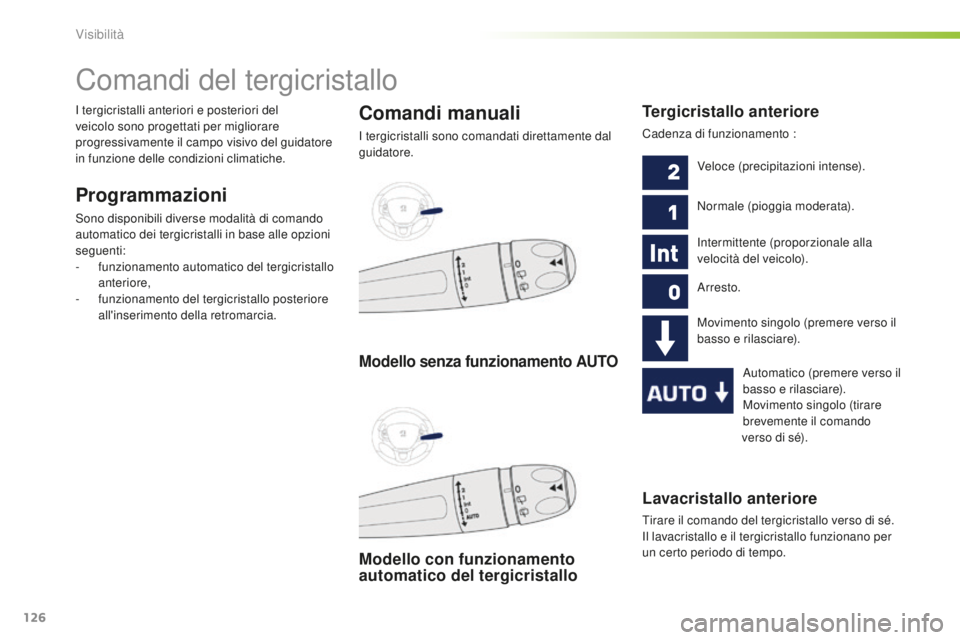 PEUGEOT 2008 2016 Manuale duso (in Italian) 126
2008_it_Chap06_visibilite_ed01-2016
Lavacristallo anteriore
Tirare il comando del tergicristallo verso di sé.
Il lavacristallo e il tergicristallo funzionano per
un certo periodo di tempo.
Coma PEUGEOT 2008 2016 Manuale duso (in Italian) 126
2008_it_Chap06_visibilite_ed01-2016
Lavacristallo anteriore
Tirare il comando del tergicristallo verso di sé.
Il lavacristallo e il tergicristallo funzionano per
un certo periodo di tempo.
Coma