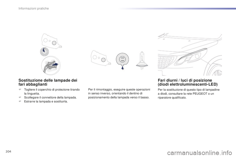 PEUGEOT 2008 2016  Manuale duso (in Italian) 204
2008_it_Chap09_info-pratiques_ed01-2016
Sostituzione delle lampade dei 
fari abbagliantiFari diurni / luci di posizione 
(diodi elettroluminescenti-LED)
Per la sostituzione di questo tipo di lampa
