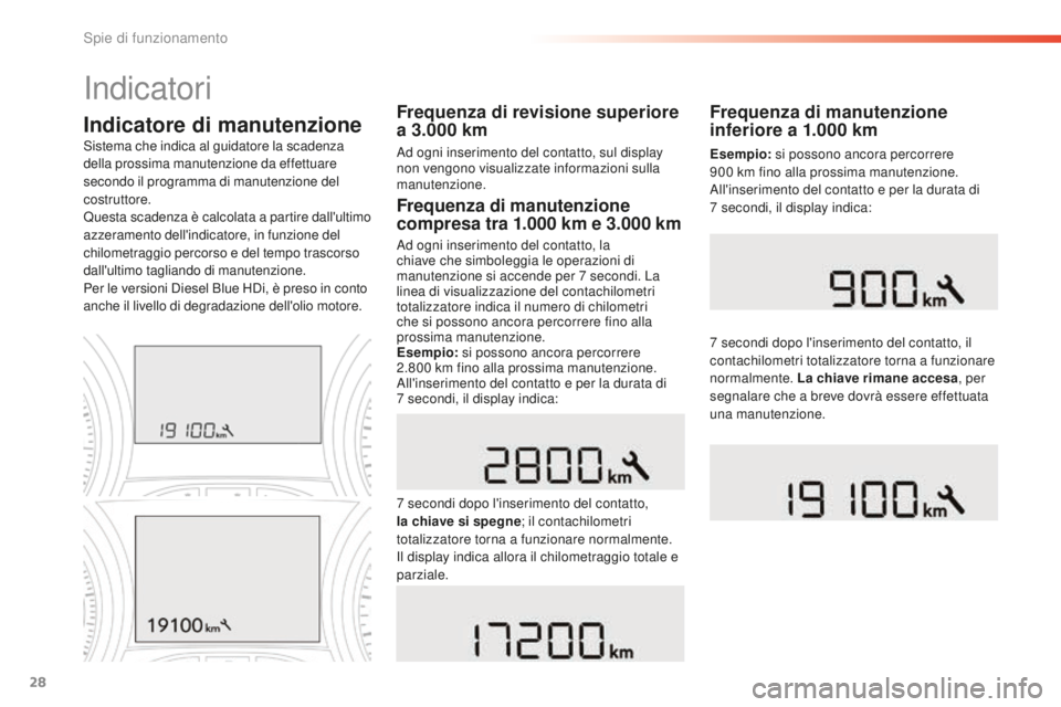 PEUGEOT 2008 2016 Manuale duso (in Italian) 28
Indicatore di manutenzioneFrequenza di revisione superiore
a 3.000 km
Ad ogni inserimento del contatto, sul display
non vengono visualizzate informazioni sulla
manutenzione.
Sistema che indica PEUGEOT 2008 2016 Manuale duso (in Italian) 28
Indicatore di manutenzioneFrequenza di revisione superiore
a 3.000 km
Ad ogni inserimento del contatto, sul display
non vengono visualizzate informazioni sulla
manutenzione.
Sistema che indica