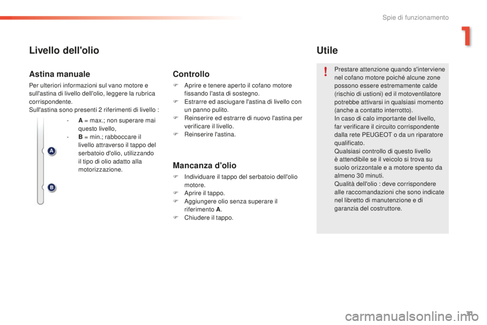 PEUGEOT 2008 2016 Manuale duso (in Italian) 31
2008_it_Chap01_controle-de-marche_ed01-2016
Livello dell'olio
Mancanza d'olio
F Individuare il tappo del serbatoio dell'olio motore.
F
A
prire il tappo.
F
A
ggiungere olio senza s PEUGEOT 2008 2016 Manuale duso (in Italian) 31
2008_it_Chap01_controle-de-marche_ed01-2016
Livello dell'olio
Mancanza d'olio
F Individuare il tappo del serbatoio dell'olio motore.
F
A
prire il tappo.
F
A
ggiungere olio senza s