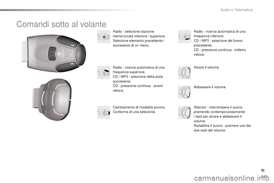 PEUGEOT 2008 2016  Manuale duso (in Italian) 349
2008_it_Chap12d_RDE1_ed01-2016
Comandi sotto al volante
Radio : selezione stazione 
memorizzata inferiore / superiore.
Selezione elemento precedente / 
successivo di un menu.Abbassare il volume.
R