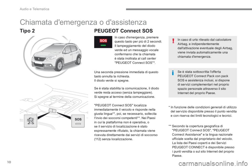 PEUGEOT 2008 2016 Manuale duso (in Italian) Audio e Telematica
10
2008-additif_it_Chap12a_BTA-2-BTA-3R_ed01-2016
Chiamata demergenza o dassistenza
In caso di urto rilevato dal calcolatore Airbag, e indipendentemente dallattiva PEUGEOT 2008 2016 Manuale duso (in Italian) Audio e Telematica
10
2008-additif_it_Chap12a_BTA-2-BTA-3R_ed01-2016
Chiamata demergenza o dassistenza
In caso di urto rilevato dal calcolatore Airbag, e indipendentemente dallattiva