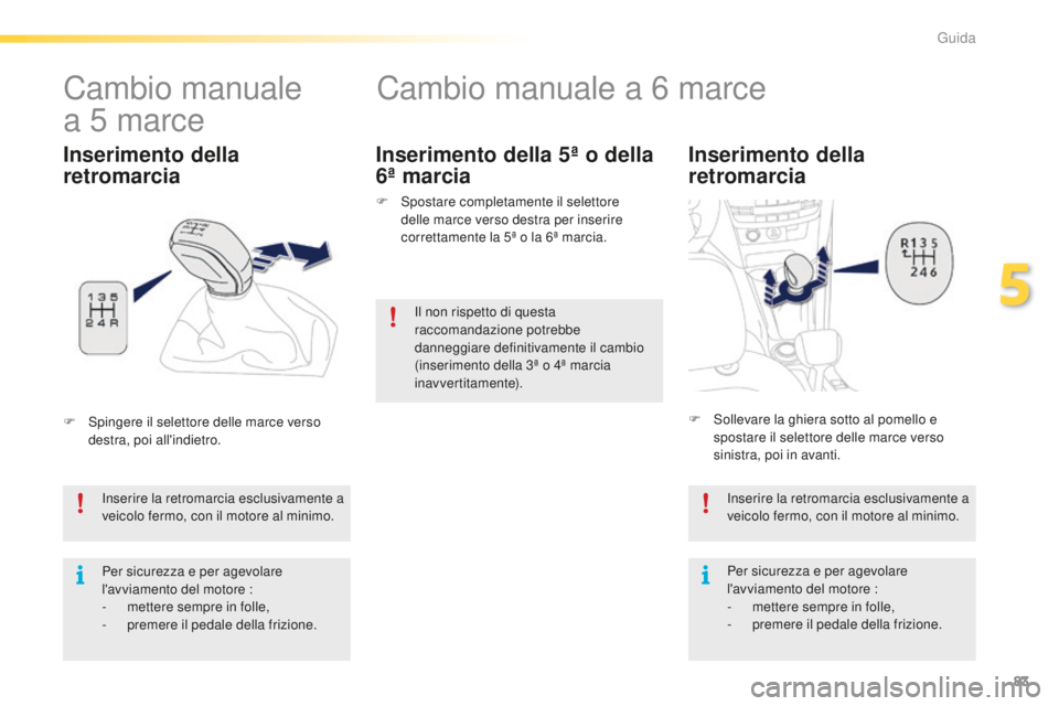 PEUGEOT 2008 2016 Manuale duso (in Italian) 83
2008_it_Chap05_conduite_ed01-2016
Cambio manuale a 6 marce
Inserimento della
retromarcia
Inserire la retromarcia esclusivamente a
veicolo fermo, con il motore al minimo.
Per sicurezza e per agevo PEUGEOT 2008 2016 Manuale duso (in Italian) 83
2008_it_Chap05_conduite_ed01-2016
Cambio manuale a 6 marce
Inserimento della
retromarcia
Inserire la retromarcia esclusivamente a
veicolo fermo, con il motore al minimo.
Per sicurezza e per agevo