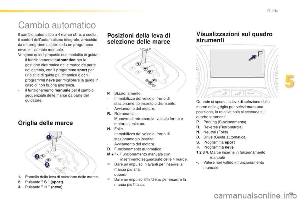 PEUGEOT 2008 2016 Manuale duso (in Italian) 91
2008_it_Chap05_conduite_ed01-2016
Il cambio automatico a 4 marce offre, a scelta,
i l confort dell'automatismo integrale, arricchito
da un programma sport e da un programma
neve, o il cambio PEUGEOT 2008 2016 Manuale duso (in Italian) 91
2008_it_Chap05_conduite_ed01-2016
Il cambio automatico a 4 marce offre, a scelta,
i l confort dell'automatismo integrale, arricchito
da un programma sport e da un programma
neve, o il cambio