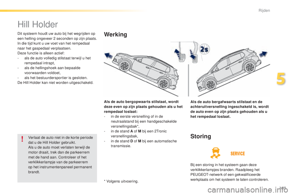 PEUGEOT 2008 2016 Instructieboekje (in Dutch) 103
2008_nl_Chap05_conduite_ed01-2016
Hill Holder
Dit systeem houdt uw auto bij het wegrijden op
een helling ongeveer 2 seconden op zijn plaats.
In die tijd kunt u uw voet van het rempedaal
naar h PEUGEOT 2008 2016 Instructieboekje (in Dutch) 103
2008_nl_Chap05_conduite_ed01-2016
Hill Holder
Dit systeem houdt uw auto bij het wegrijden op
een helling ongeveer 2 seconden op zijn plaats.
In die tijd kunt u uw voet van het rempedaal
naar h