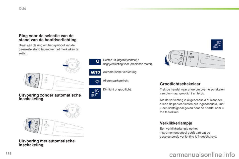 PEUGEOT 2008 2016  Instructieboekje (in Dutch) 118
2008_nl_Chap06_visibilite_ed01-2016
Uitvoering zonder automatische  
inschakeling
Uitvoering met automatische 
inschakeling Ring voor de selectie van de 
stand van de hoofdverlichting
Draai aan de