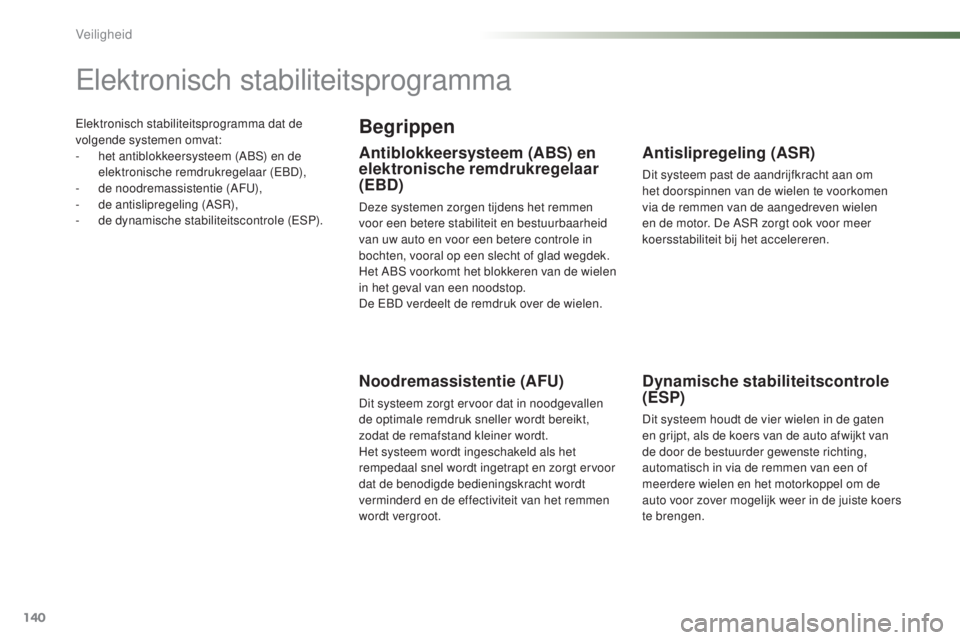 PEUGEOT 2008 2016 Instructieboekje (in Dutch) 140
2008_nl_Chap07_securite_ed01-2016
Elektronisch stabiliteitsprogramma dat de
volgende systemen omvat:
-
h
et antiblokkeersysteem (ABS) en de
elektronische remdrukregelaar (EBD),
-
d
e noodrem PEUGEOT 2008 2016 Instructieboekje (in Dutch) 140
2008_nl_Chap07_securite_ed01-2016
Elektronisch stabiliteitsprogramma dat de
volgende systemen omvat:
-
h
et antiblokkeersysteem (ABS) en de
elektronische remdrukregelaar (EBD),
-
d
e noodrem