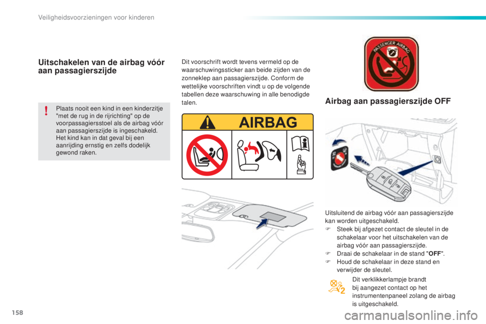 PEUGEOT 2008 2016 Instructieboekje (in Dutch) 158
2008_nl_Chap08_securite-enfants_ed01-2016
Uitschakelen van de airbag vóór
aan passagierszijde
Plaats nooit een kind in een kinderzitje
"met de rug in de rijrichting" op de
voorpassagi PEUGEOT 2008 2016 Instructieboekje (in Dutch) 158
2008_nl_Chap08_securite-enfants_ed01-2016
Uitschakelen van de airbag vóór
aan passagierszijde
Plaats nooit een kind in een kinderzitje
"met de rug in de rijrichting" op de
voorpassagi