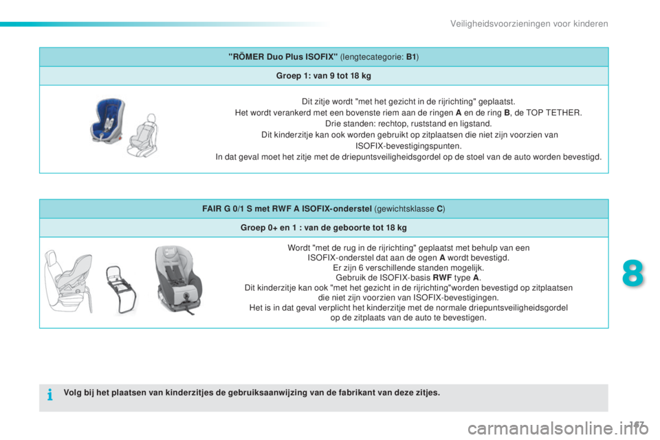 PEUGEOT 2008 2016 Instructieboekje (in Dutch) 167
2008_nl_Chap08_securite-enfants_ed01-2016
"RÖMER Duo Plus ISOFIX" (lengtecategorie: B1)
Groep 1: van 9 tot 18 kg
Dit zitje wordt "met het gezicht in de rijrichting" geplaatst. PEUGEOT 2008 2016 Instructieboekje (in Dutch) 167
2008_nl_Chap08_securite-enfants_ed01-2016
"RÖMER Duo Plus ISOFIX" (lengtecategorie: B1)
Groep 1: van 9 tot 18 kg
Dit zitje wordt "met het gezicht in de rijrichting" geplaatst.