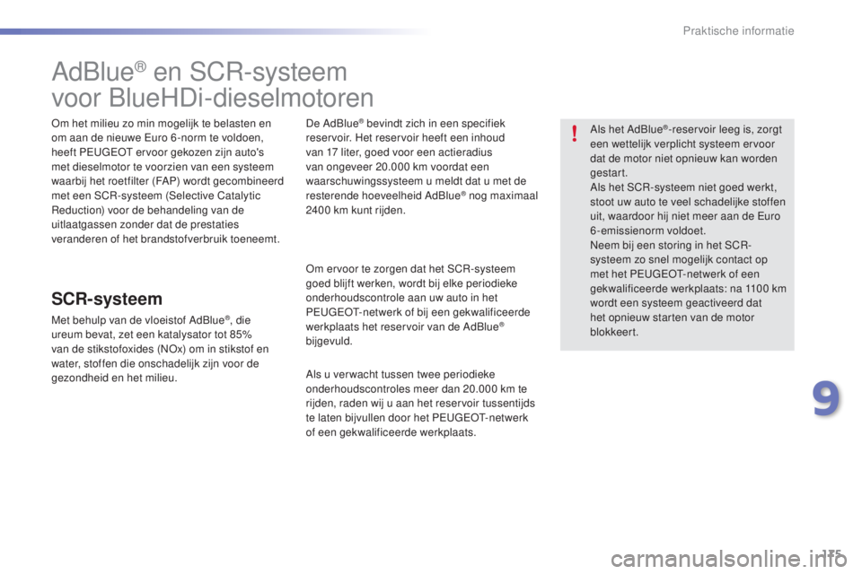 PEUGEOT 2008 2016 Instructieboekje (in Dutch) 175
2008_nl_Chap09_info-pratiques_ed01-2016
AdBlue® en SCR-systeem
voor BlueHDi-dieselmotoren
Om het milieu zo min mogelijk te belasten en
om aan de nieuwe Euro 6 -norm te voldoen,
heeft PEUGEOT er PEUGEOT 2008 2016 Instructieboekje (in Dutch) 175
2008_nl_Chap09_info-pratiques_ed01-2016
AdBlue® en SCR-systeem
voor BlueHDi-dieselmotoren
Om het milieu zo min mogelijk te belasten en
om aan de nieuwe Euro 6 -norm te voldoen,
heeft PEUGEOT er