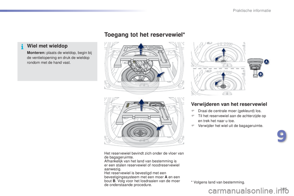 PEUGEOT 2008 2016  Instructieboekje (in Dutch) 195
2008_nl_Chap09_info-pratiques_ed01-2016
Het reservewiel bevindt zich onder de vloer van 
de bagageruimte.
Afhankelijk van het land van bestemming is 
er een stalen reservewiel of noodreservewiel 
