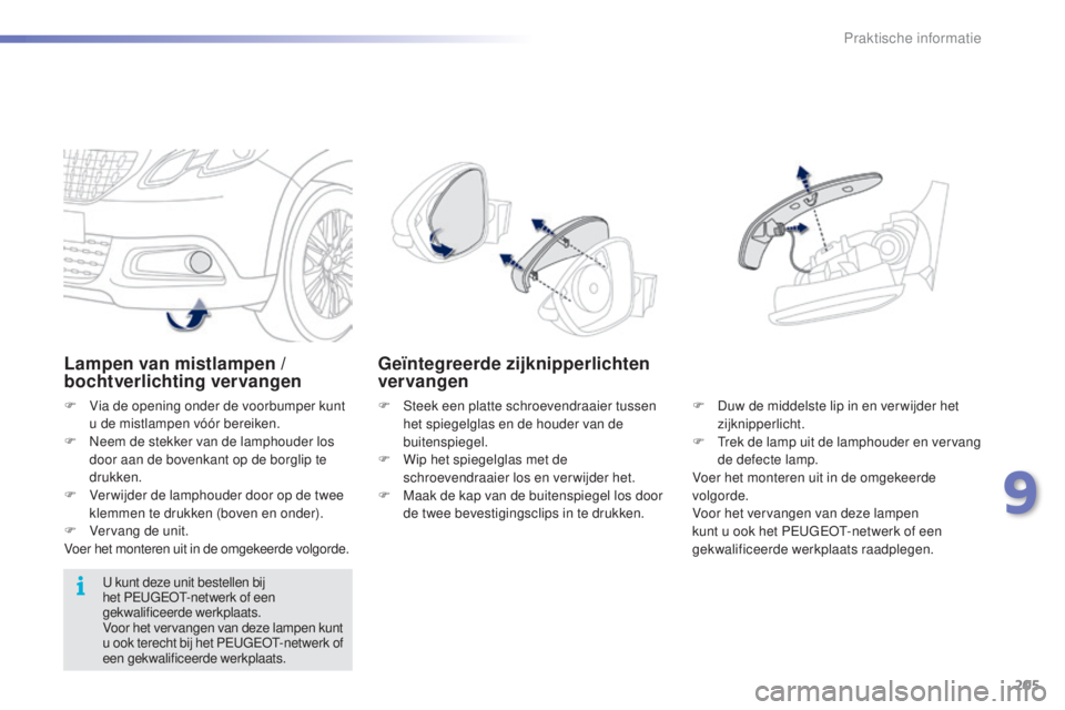 PEUGEOT 2008 2016 Instructieboekje (in Dutch) 205
2008_nl_Chap09_info-pratiques_ed01-2016
Lampen van mistlampen /
bochtverlichting vervangen
F Via de opening onder de voorbumper kunt u de mistlampen vóór bereiken.
F
N
eem de stekker van de PEUGEOT 2008 2016 Instructieboekje (in Dutch) 205
2008_nl_Chap09_info-pratiques_ed01-2016
Lampen van mistlampen /
bochtverlichting vervangen
F Via de opening onder de voorbumper kunt u de mistlampen vóór bereiken.
F
N
eem de stekker van de