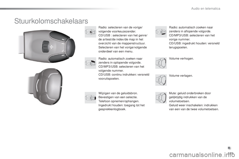 PEUGEOT 2008 2016  Instructieboekje (in Dutch) 329
2008_nl_Chap12c_RDE2_ed01-2016
Stuurkolomschakelaars
Radio: selecteren van de vorige/
volgende voorkeuzezender.
CD/USB : selecteren van het genre/
de artiest /de index /de map in het 
overzicht va