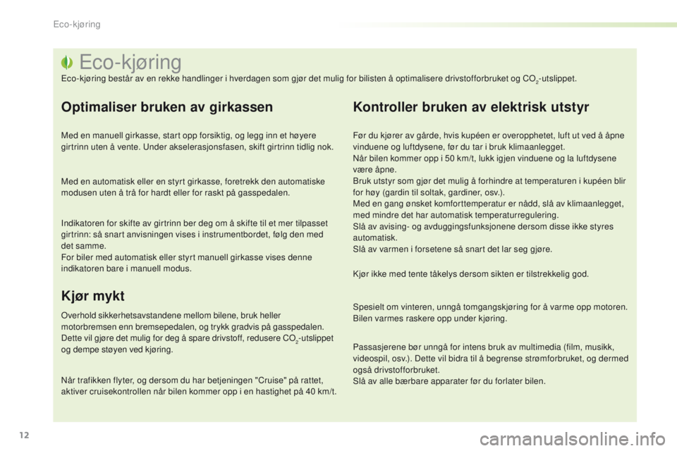 PEUGEOT 2008 2016  Instruksjoner for bruk (in Norwegian) 12
2008_no_Chap00c_eco-conduite_ed01-2016
eco-kjøring
eco-kjøring består av en rekke handlinger i hverdagen som gjør det mulig for bilisten å optimalisere drivstofforbruket og Co2-utslippet.
Opti