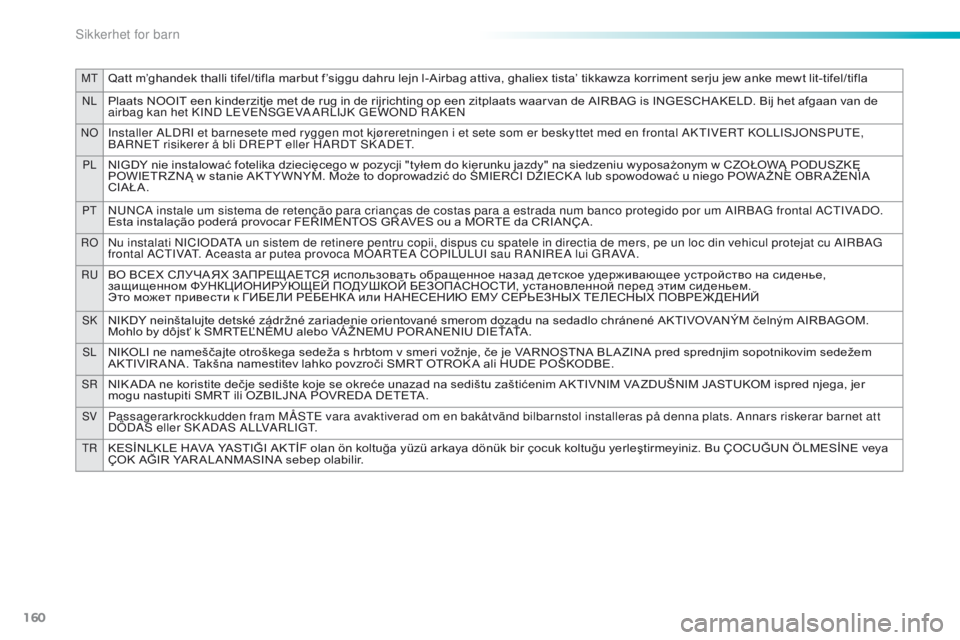 PEUGEOT 2008 2016  Instruksjoner for bruk (in Norwegian) 160
MtQatt	m’ghandek	thalli	tifel/tifla	marbut	f’siggu	dahru	lejn	l-Airbag	attiva,	ghaliex	tista’	tikkawza	korriment	serju	jew	anke	mewt	lit-tifel/tifla
NLPlaats	NOOIT	een	kinderzitje	met	de	rug