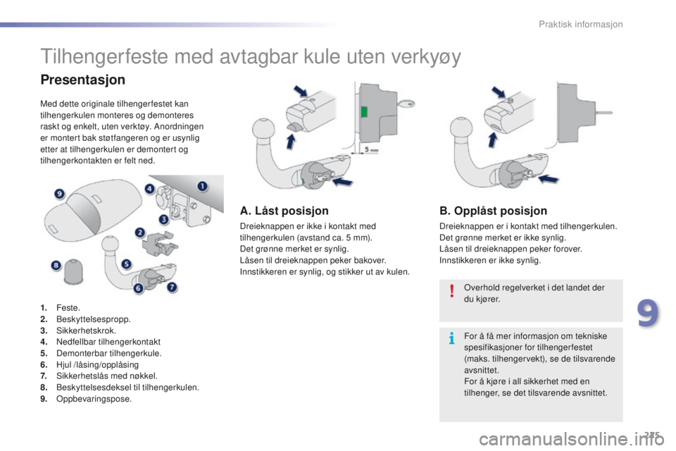 PEUGEOT 2008 2016  Instruksjoner for bruk (in Norwegian) 225
2008_no_Chap09_info-pratiques_ed01-2016
tilhengerfeste med avtagbar kule uten verkyøy
Presentasjon
Med dette originale tilhenger festet kan 
tilhengerkulen monteres og demonteres 
raskt og enkelt